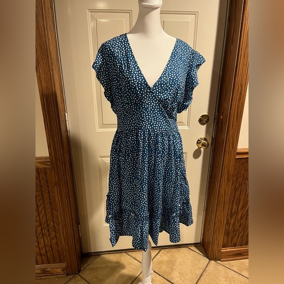 MEIKULO Blue Polka Dot Ruffle Flutter Sleeve A-Line Mini Dress Size XL - Picture 3 of 5